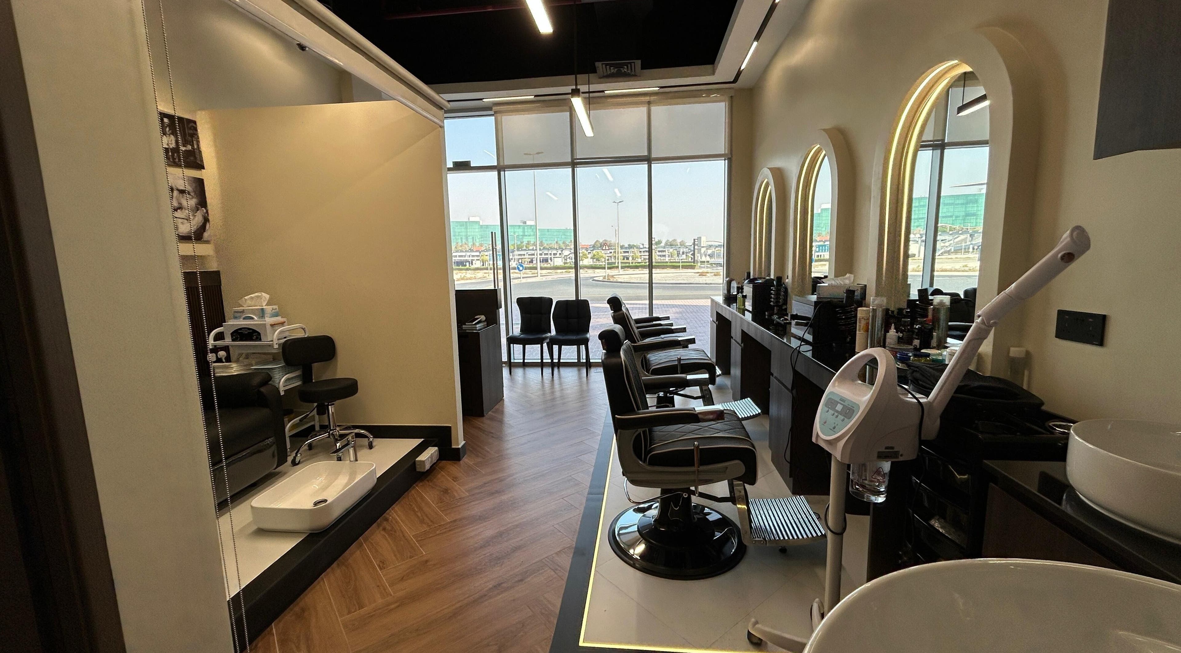 Zero Double Seven Gents Salon interior with luxury barber chairs in Dubai, Dubai, AE.