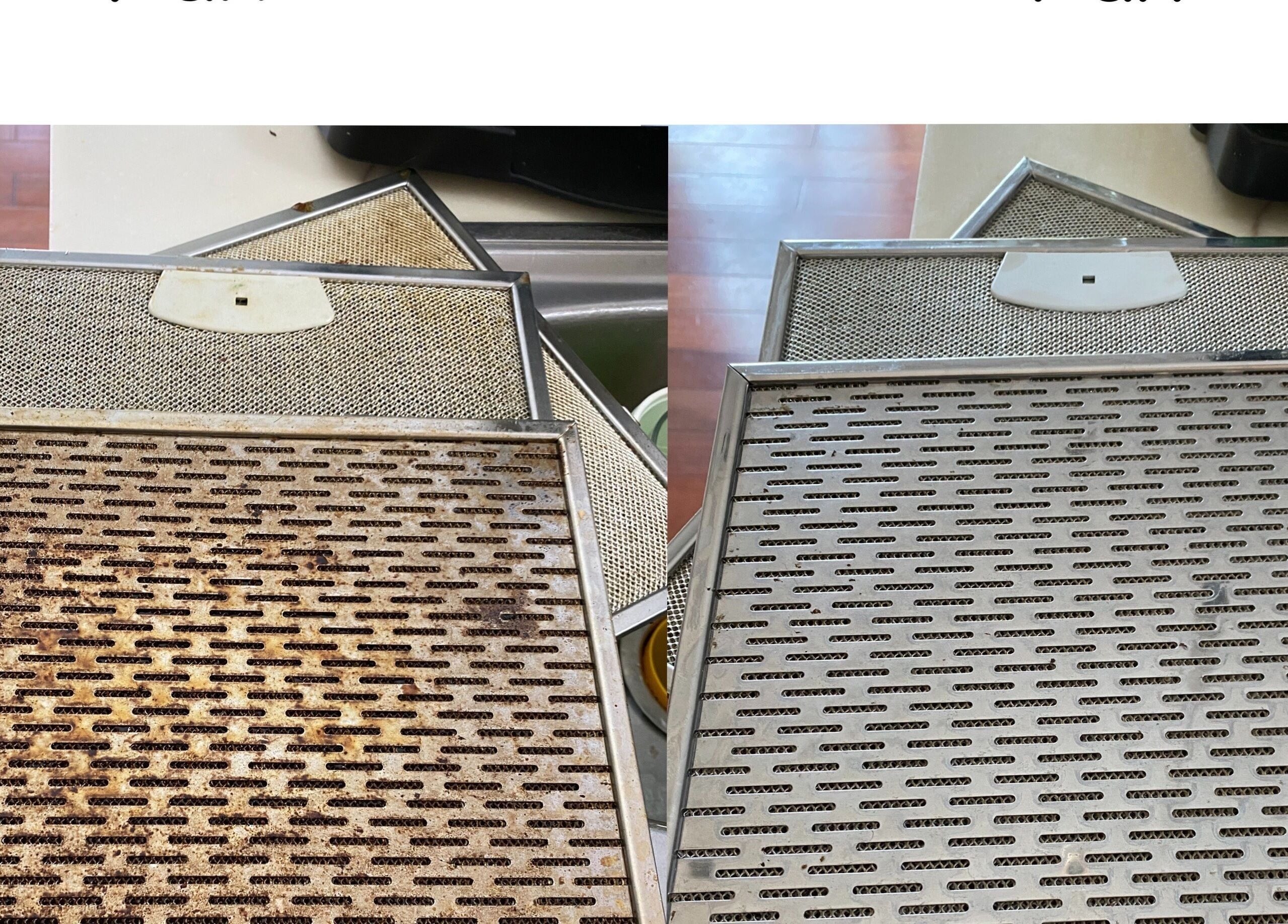 Before and after of range hood filters cleaned by Mz Joys Cleaning Service, Mamaku, Bay Of Plenty Region, NZ.