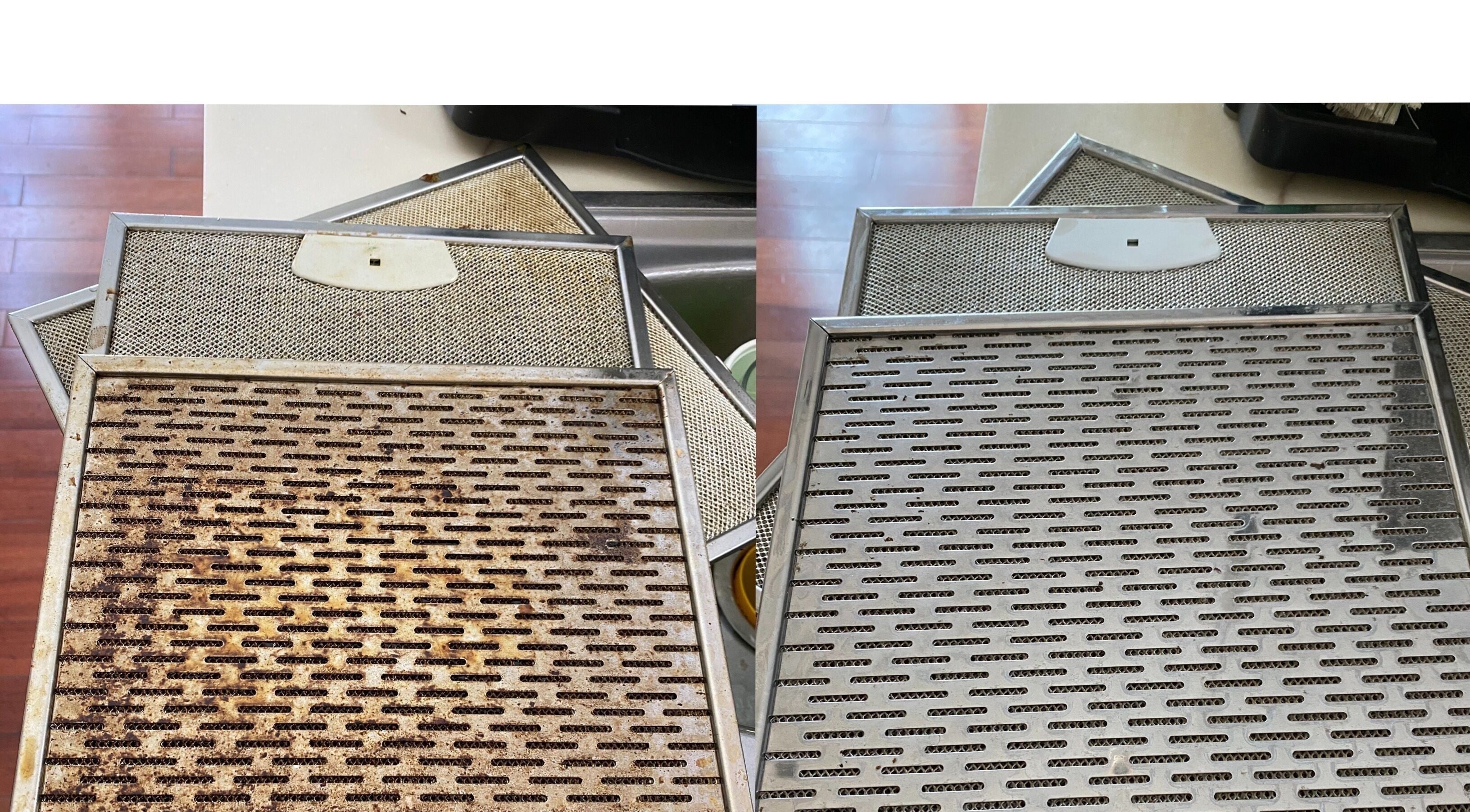 Before and after of range hood filters cleaned by Mz Joys Cleaning Service, Mamaku, Bay Of Plenty Region, NZ.