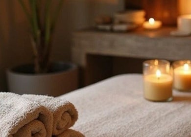 Relaxing spa setup with candles at The Wax Club, Glasgow, Scotland, GB for a soothing wellness experience.