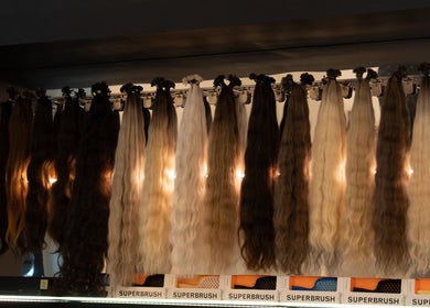 Diverse hair extensions on display at Helin Eren Beauty Hair Spa, Dubai, Dubai, AE.
