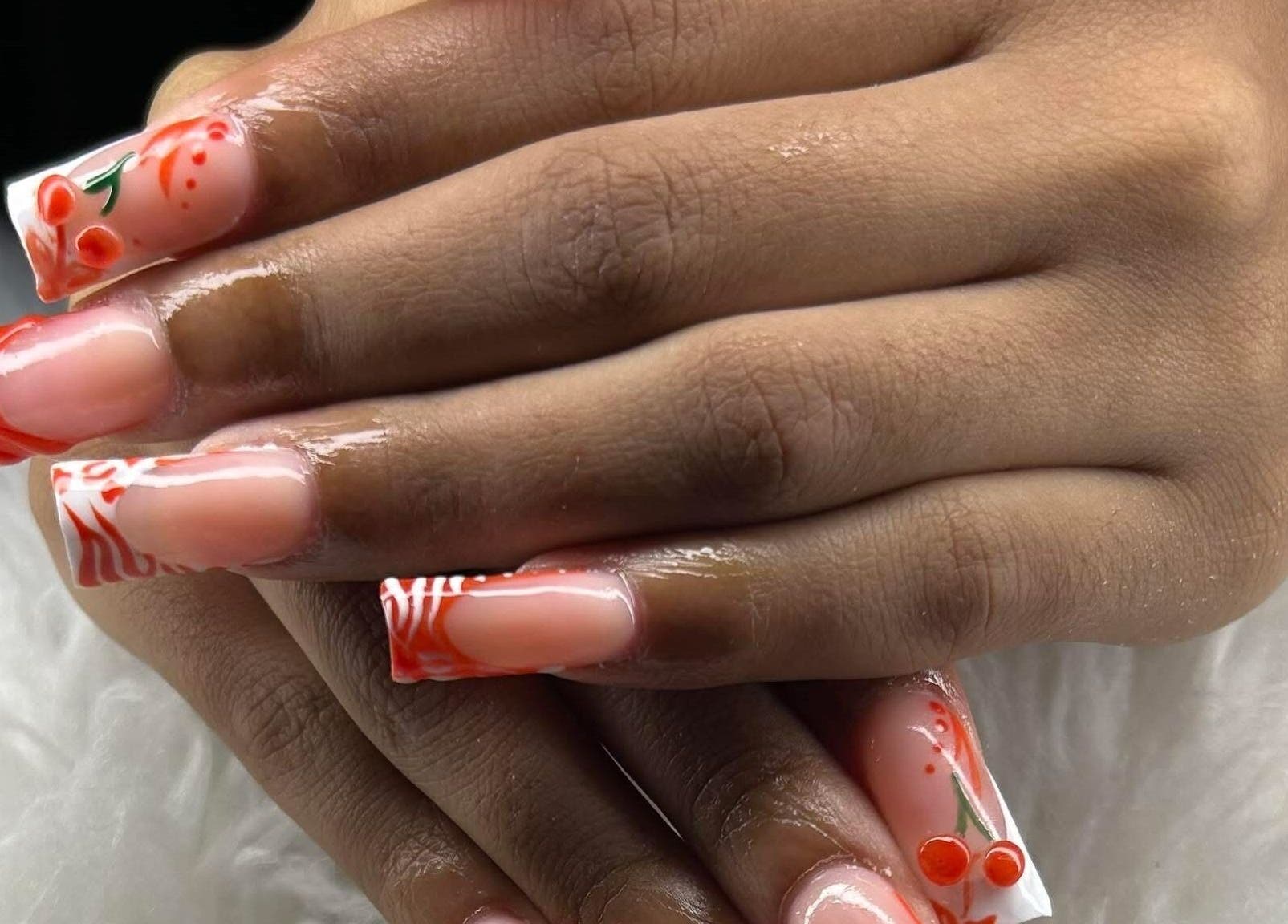 Stylish cherry blossom nail art at ABL Nails, Erie, Pennsylvania, US.