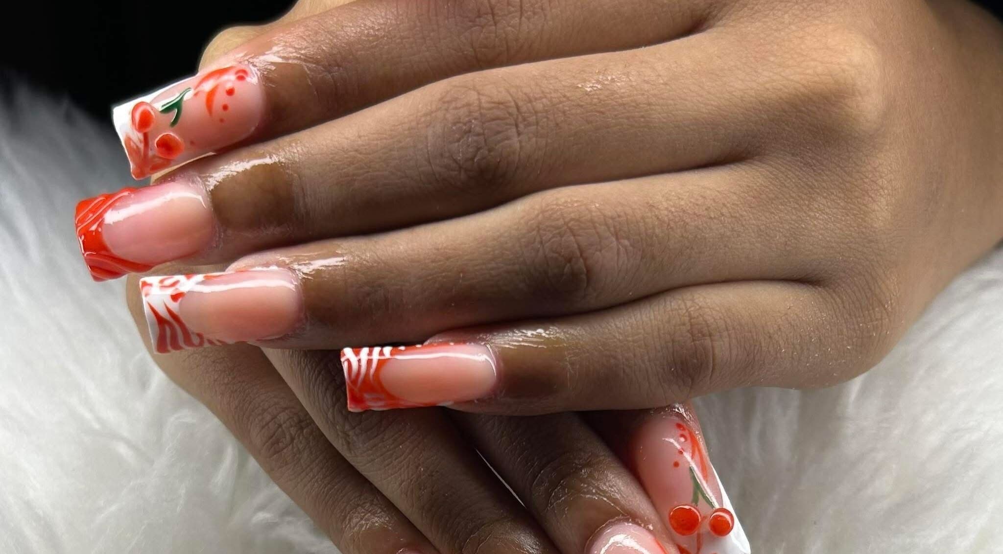 Stylish cherry blossom nail art at ABL Nails, Erie, Pennsylvania, US.