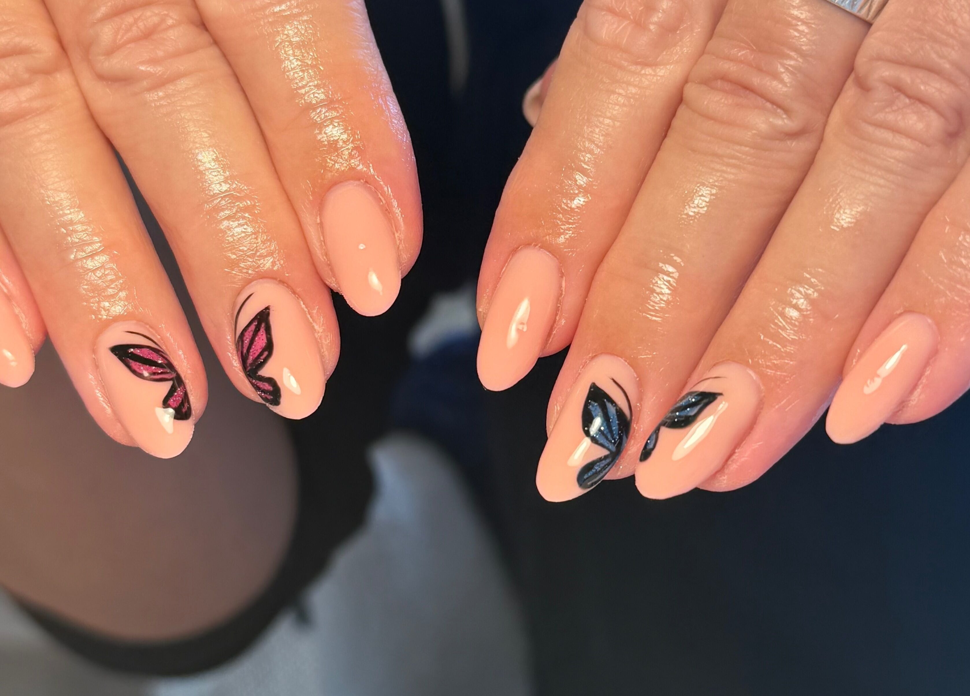 Elegant nail art with leaf design at The Beauty Studio by Charlotte, Wickham Bishops, England, GB.