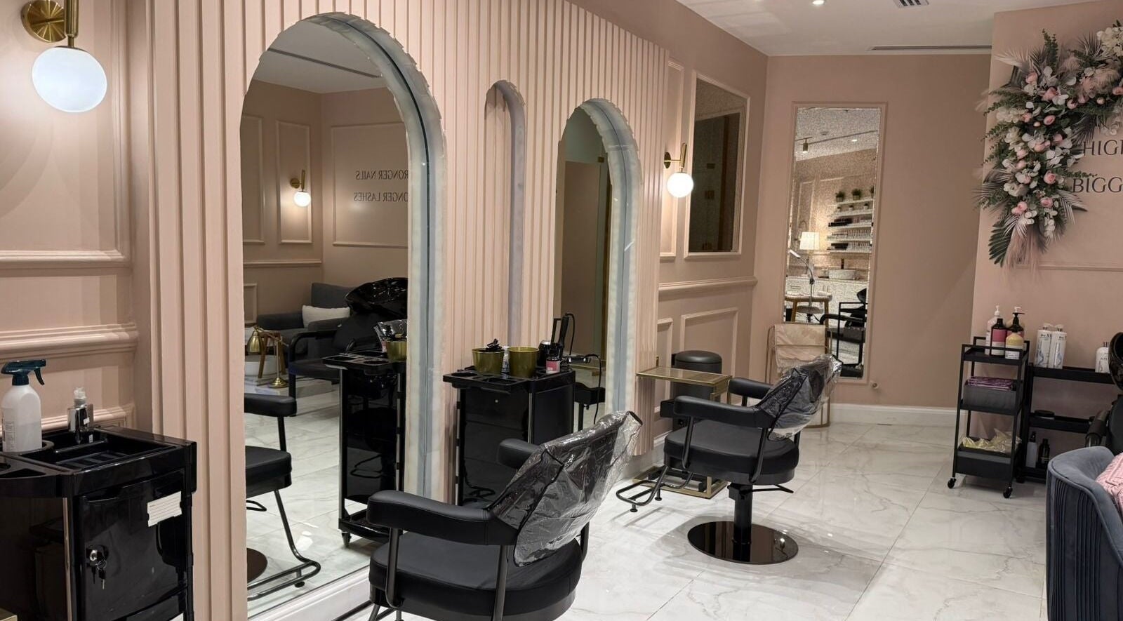Interior of N.Lashes Jeddah salon with stylish chairs and decor in جدة, مكة المكرمة, SA.