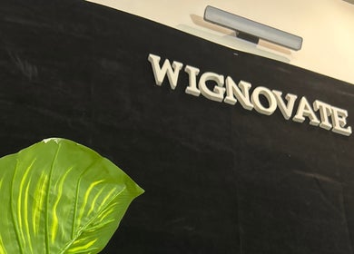 Elegant signage reading WIGNOVATE over a black backdrop with a vibrant green leaf in Ocho Rios, JM.