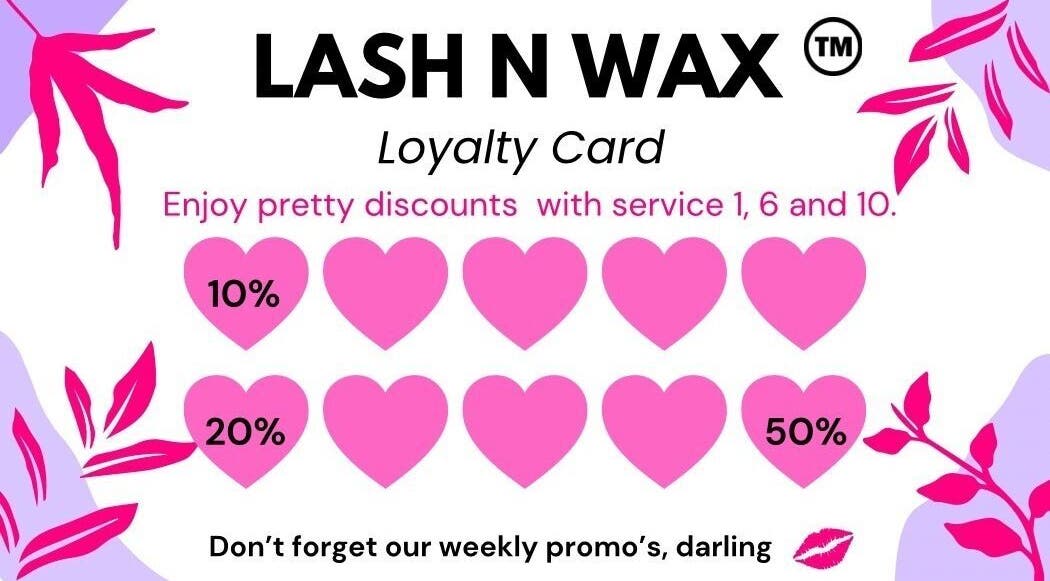 Lash N Wax loyalty card with discounts in Sandton, Gauteng, ZA. Pink hearts show various discount percentages.