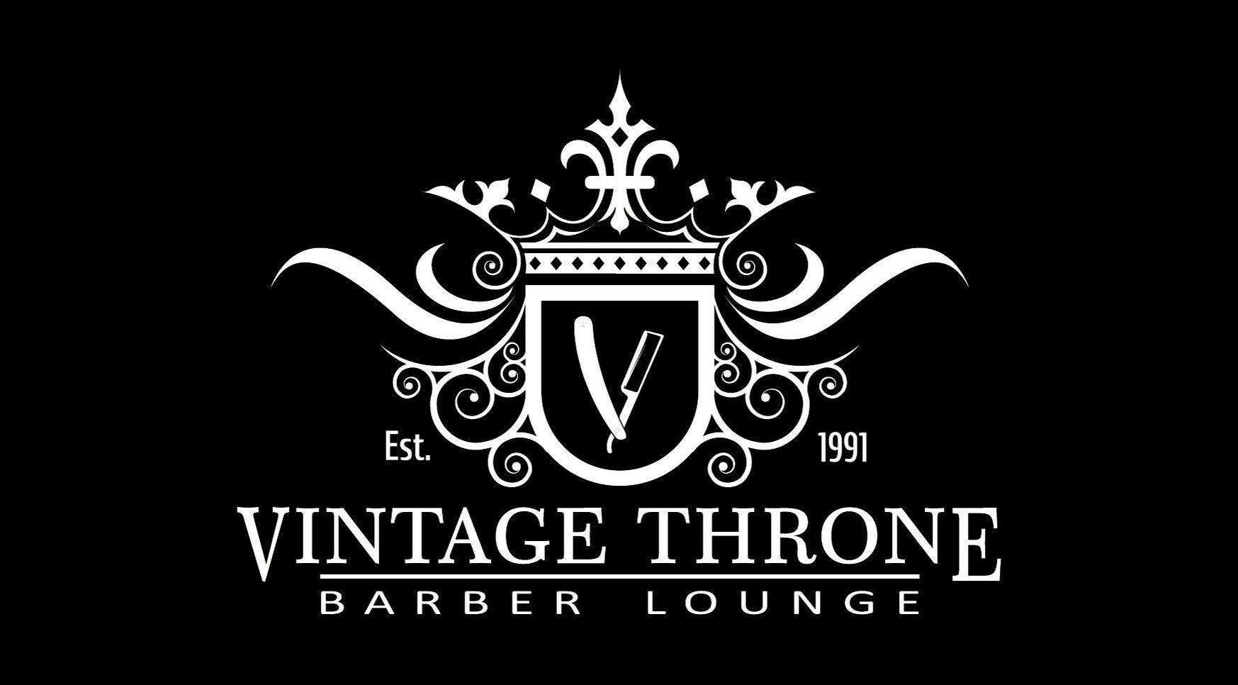 Vintage Throne Barber Lounge logo with ornate crest, located in Barrie, Ontario, CA.