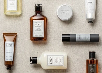 Assorted grooming products at Vintage Throne Barber Lounge, Barrie, Ontario, CA.