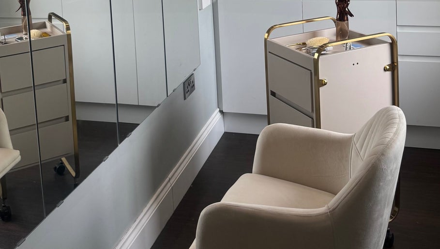 Elegant salon seating and styling station at The Tape Studio, Huddersfield, England, GB.