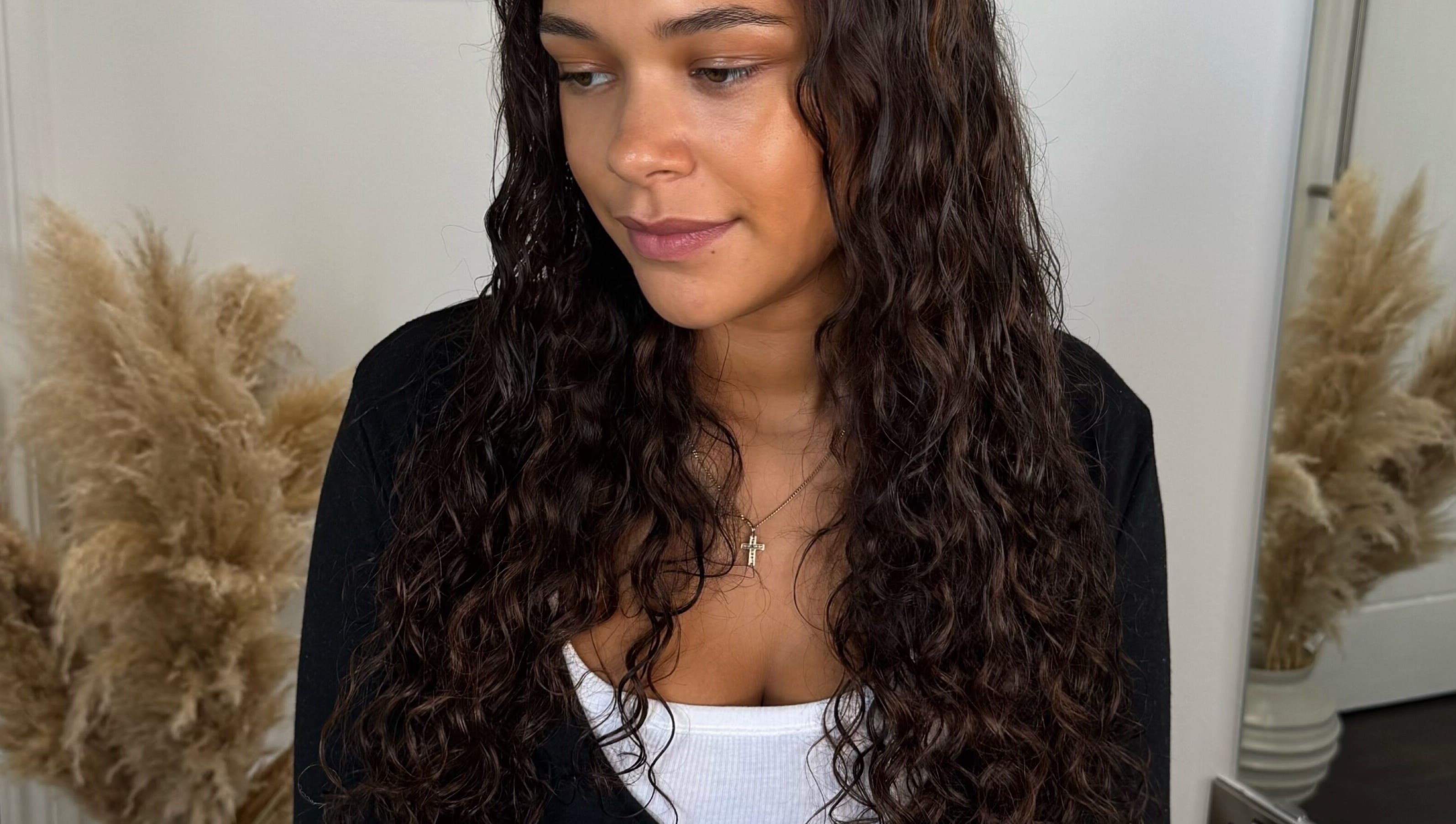 Woman with curly hair styled at The Tape Studio, Huddersfield, England, GB.