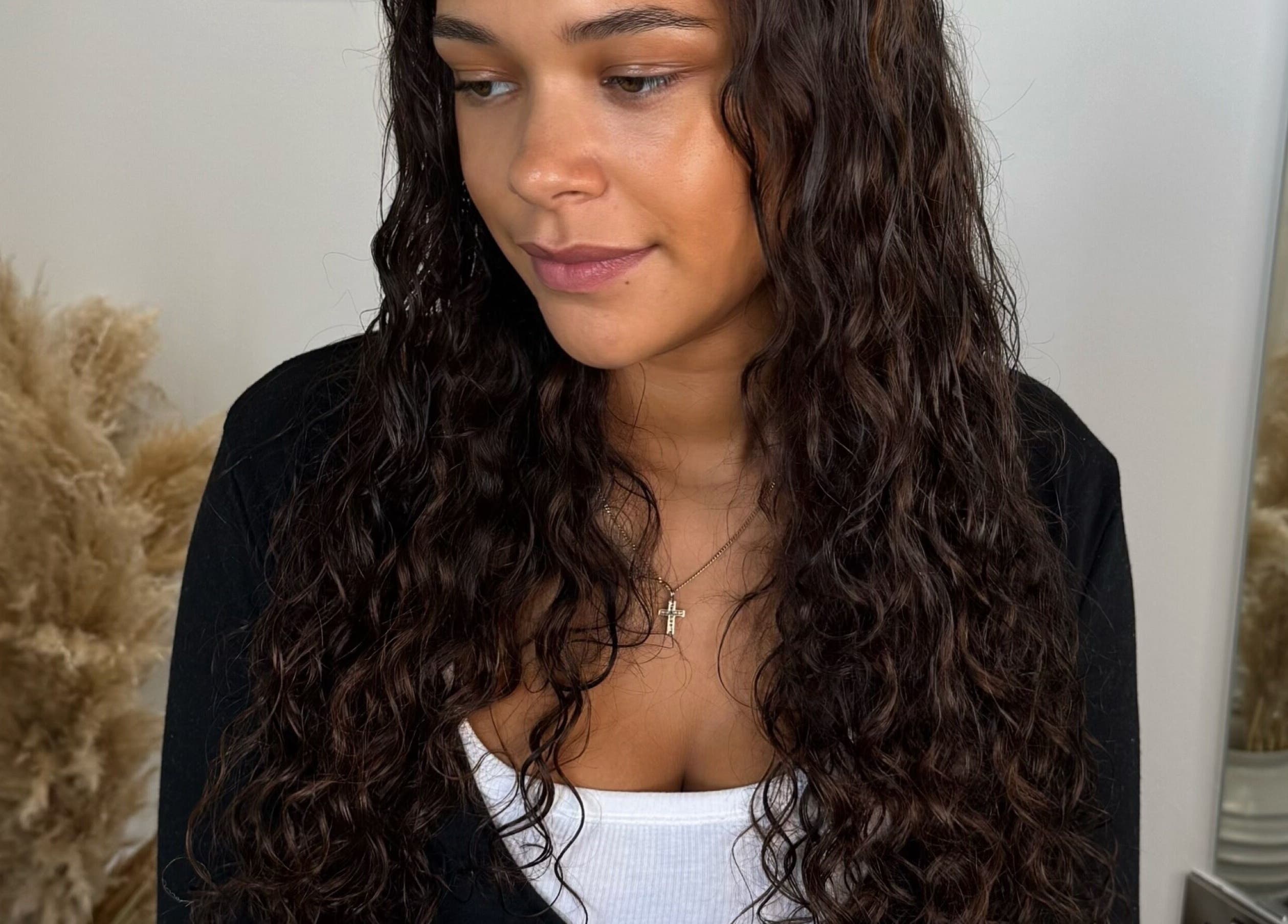 Woman with curly hair styled at The Tape Studio, Huddersfield, England, GB.