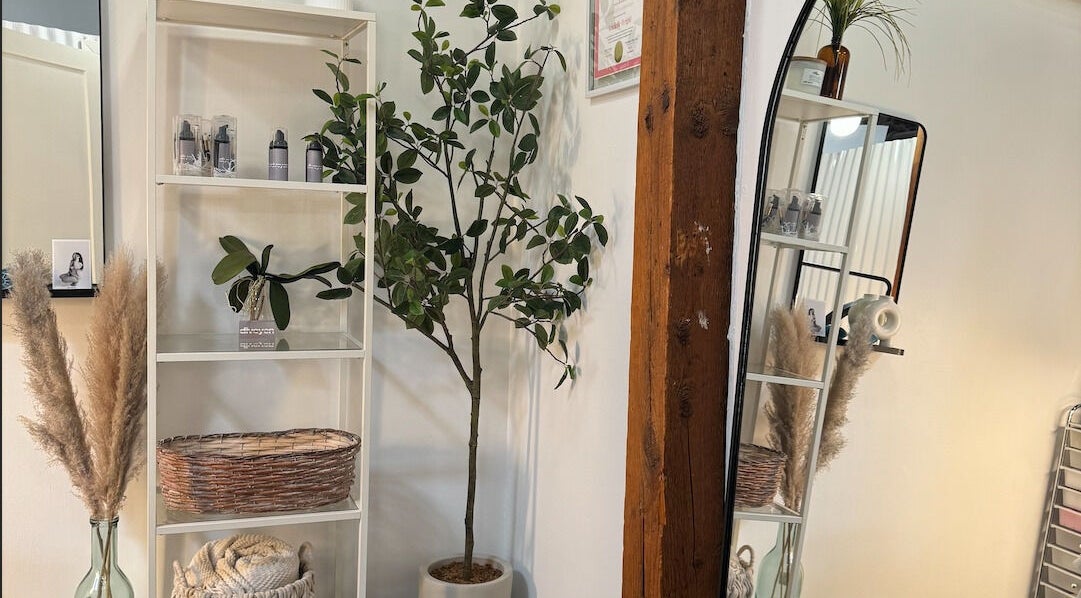 Calm decor at Diveyen Lash, Ottawa, CA with plants, mirror, and accessories enhancing the peaceful spa ambiance.