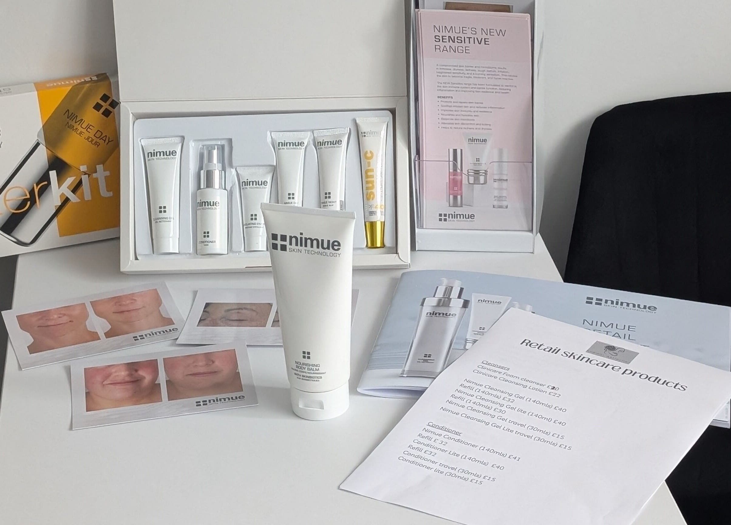 Nimue skincare range at Radiant Reflection, Coventry, England, GB, showcasing diverse beauty products.