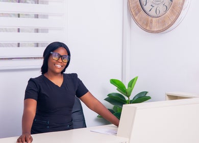 Friendly staff at Micata Facial Bar, Lusaka, Lusaka Province, ZM, welcoming clients at the reception desk.