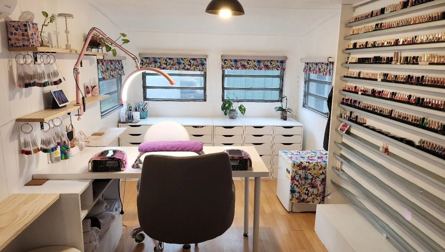 Interior of Cheeky Chic Nails showcasing a stylish nail salon setup in Emu Plains, New South Wales, AU.