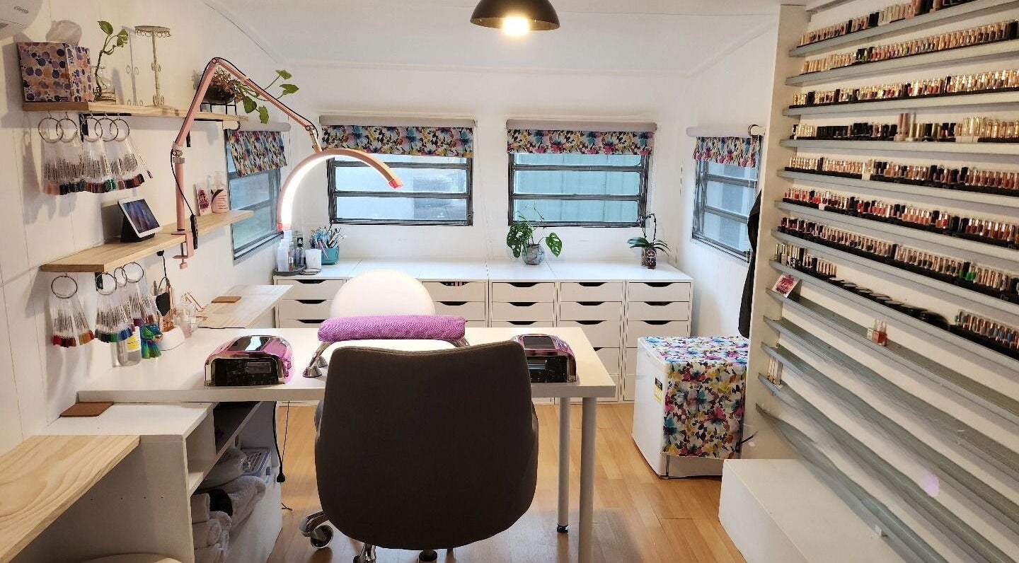 Interior of Cheeky Chic Nails showcasing a stylish nail salon setup in Emu Plains, New South Wales, AU.