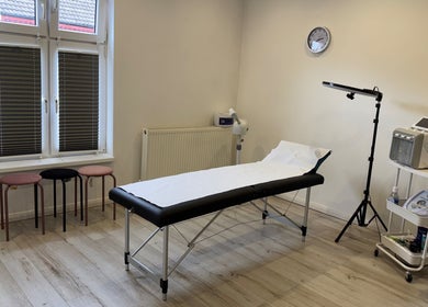 Treatment room at my.wax.lab, Long Eaton, England, GB featuring a massage bed and professional equipment.