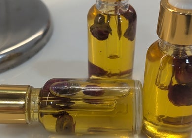 Bibi Beauty's floral oil bottles in Erskineville, New South Wales, AU, showcasing luxury wellness.