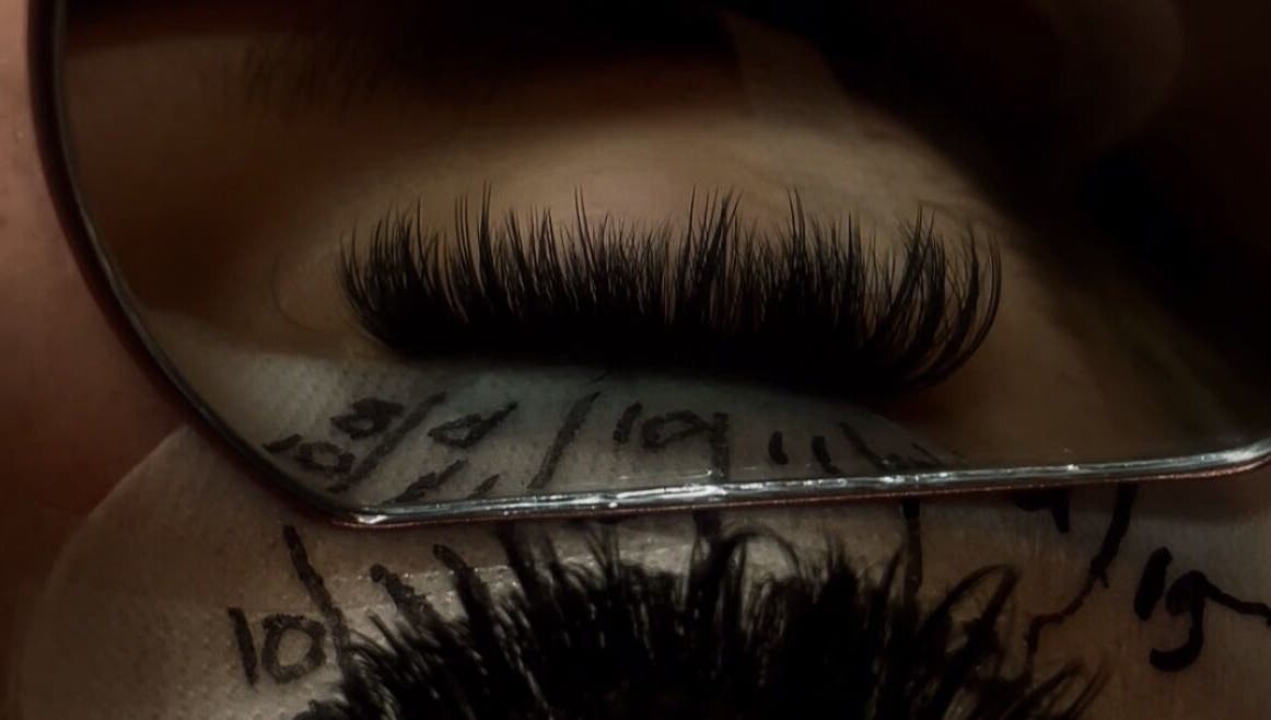 Close-up of eyelash extensions at Silk.Beauty in Little Mountain, Queensland, AU, reflecting in a mirror.
