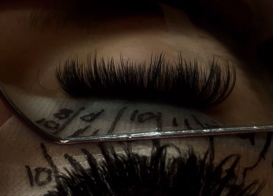 Close-up of eyelash extensions at Silk.Beauty in Little Mountain, Queensland, AU, reflecting in a mirror.