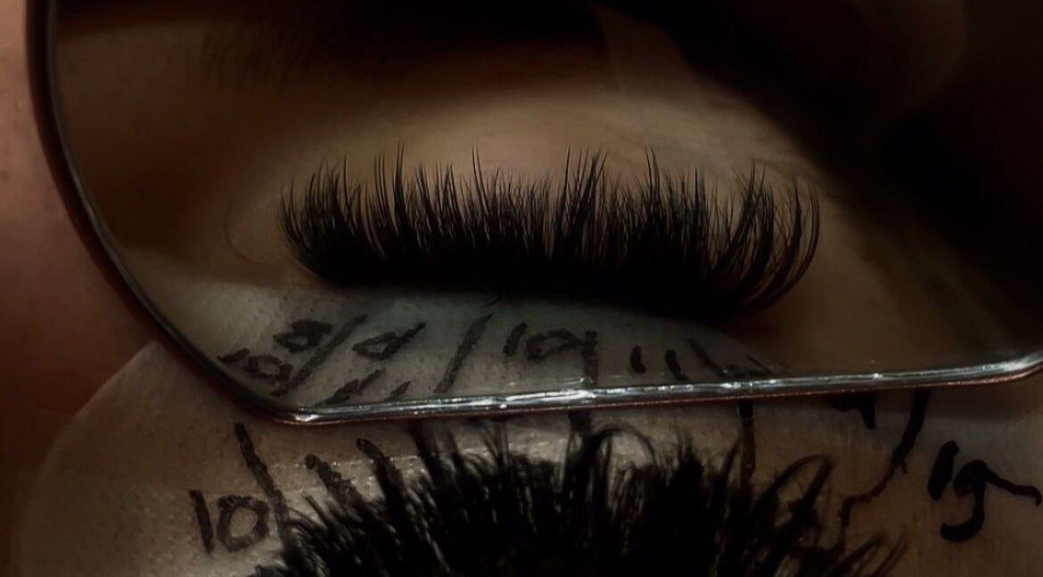 Close-up of eyelash extensions at Silk.Beauty in Little Mountain, Queensland, AU, reflecting in a mirror.