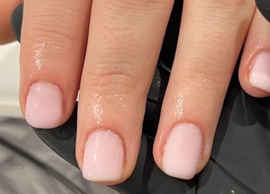 Close-up of blush pink manicure at Bialana, Ramsgate Beach, New South Wales, AU.