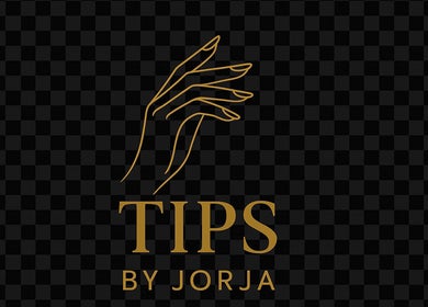 Elegant hand logo for Tips.By.Jorja, a beauty venue in Bay Of Plenty Region, NZ, featuring golden outlines on black.