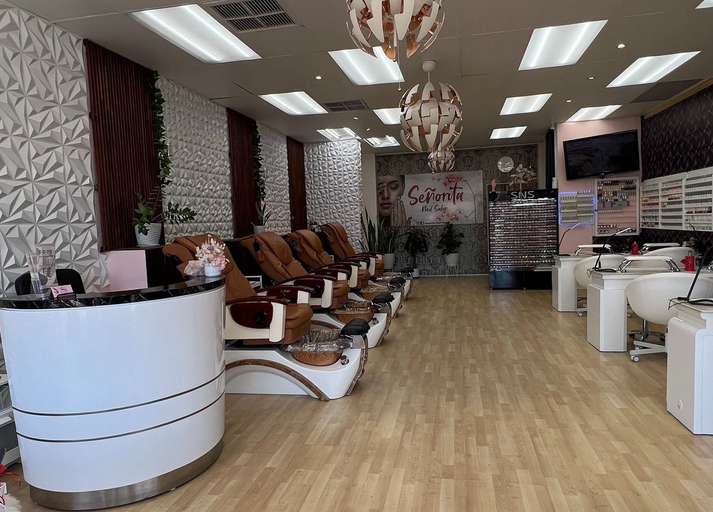 Interior of Senorita Nails salon in Parkside, South Australia, featuring chic nail stations and decor.