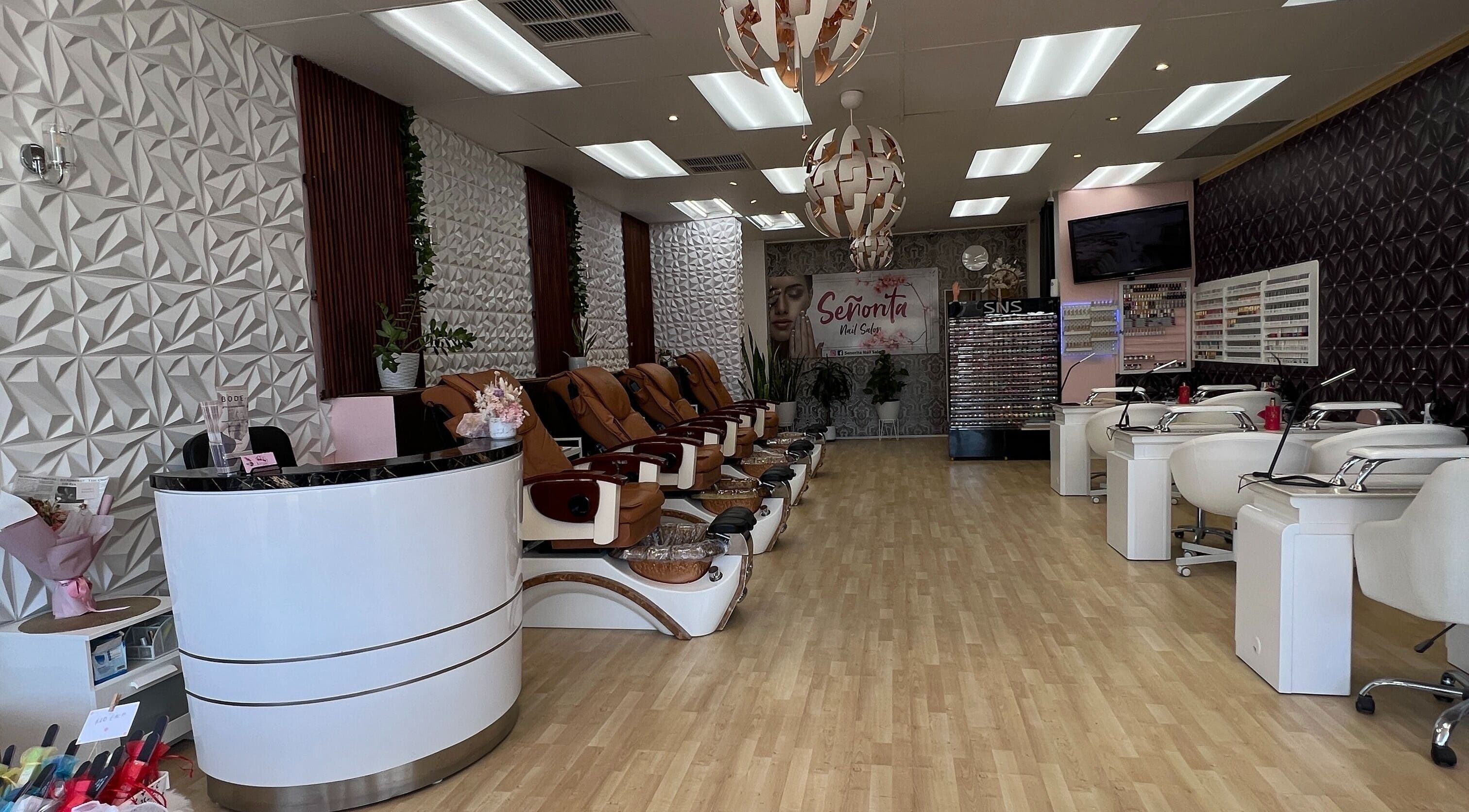 Interior of Senorita Nails salon in Parkside, South Australia, featuring chic nail stations and decor.