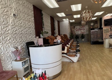 Interior of Senorita Nails salon in Parkside, South Australia, AU showcasing chic nail stations and modern decor.