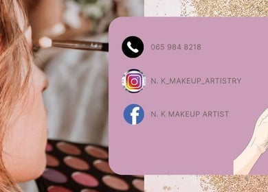 Makeup application at N.K MAKEUP ARTISTRY, East London, Eastern Cape, ZA with social media links displayed.