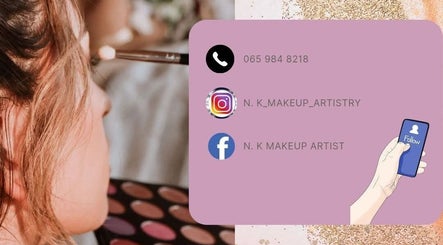 Makeup application at N.K MAKEUP ARTISTRY, East London, Eastern Cape, ZA with social media links displayed.