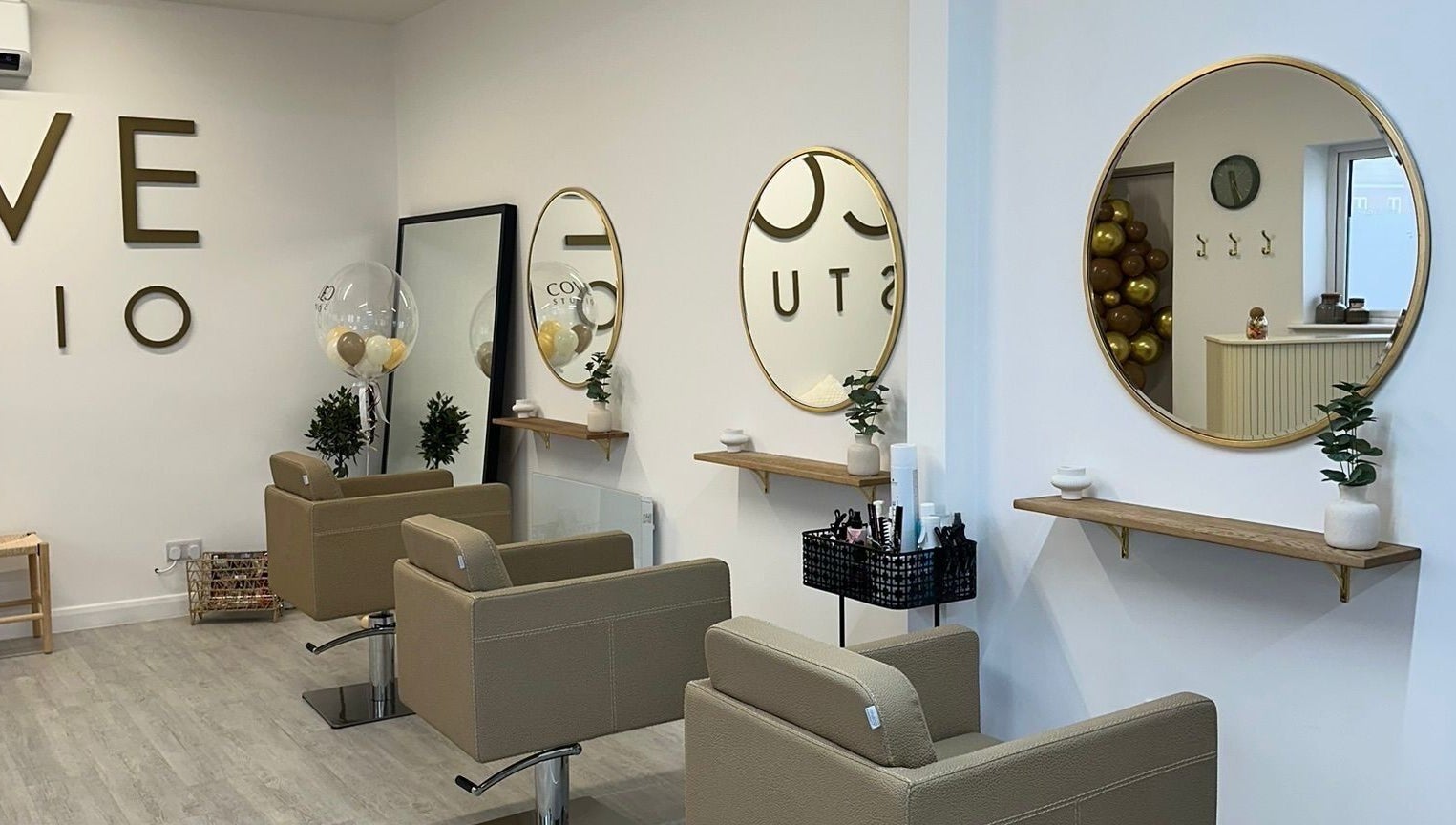 Interior of Grace Sadler Hair in Broughton Astley, England, GB. Features stylish salon chairs and modern decor.