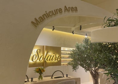 Solaire Beauty Lounge's elegant manicure area at Al Khobar, Eastern Province, SA with stylish decor.