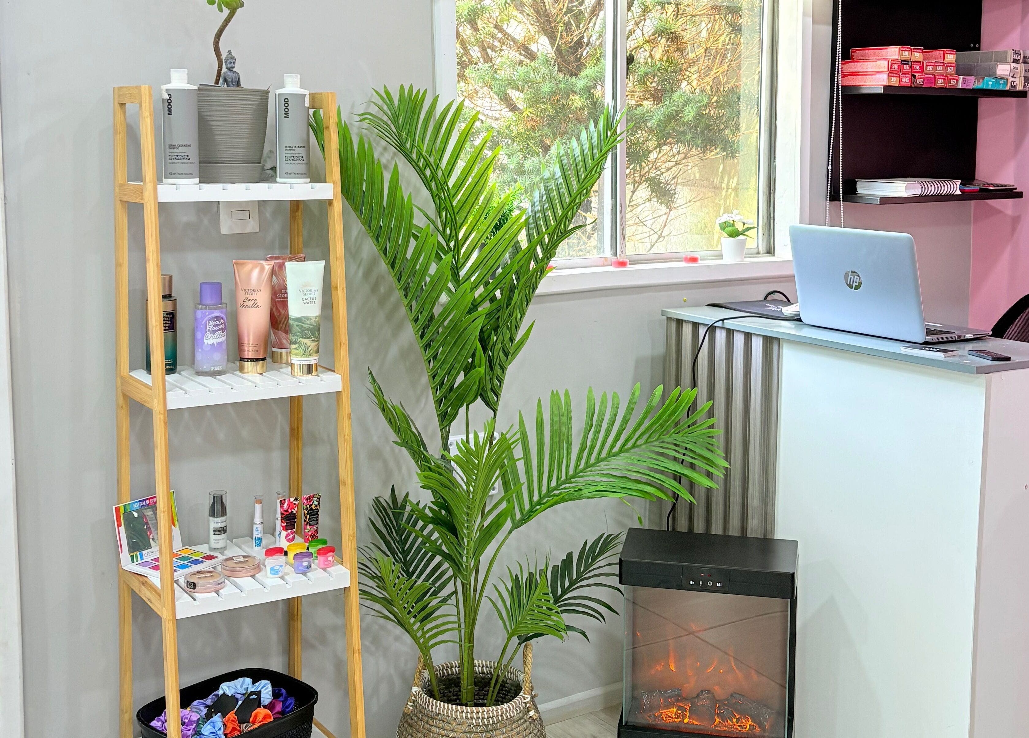 Recepción de Studio Belleza en Puerto Montt, Los Lagos, CL con planta verde y productos de belleza.