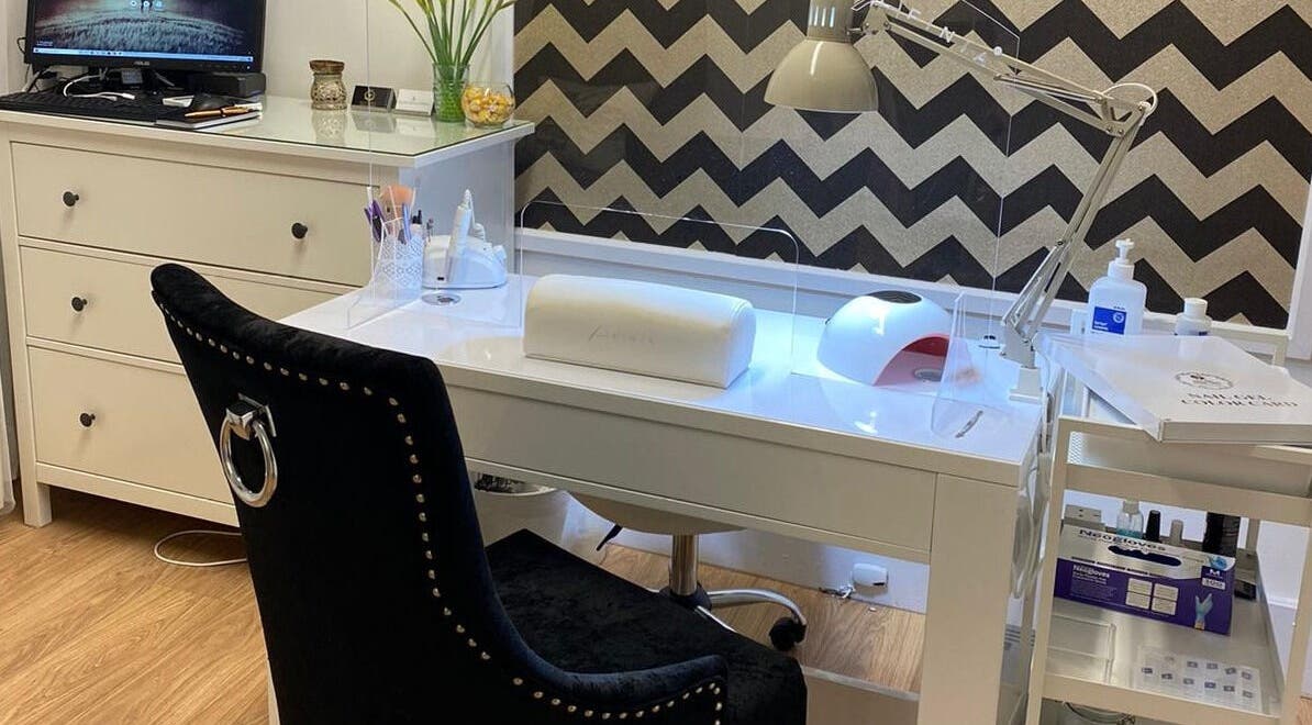 Nail station at Queen Bee Waxing Studio with chic decor in Marlow, England, GB.