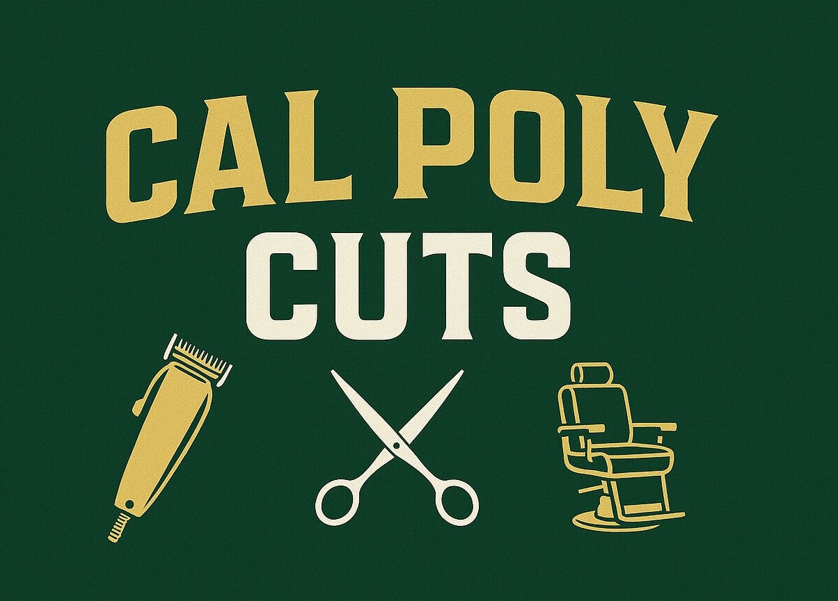 Cal Poly Cuts logo featuring clippers, scissors, and a chair in San Luis Obispo, California, US.