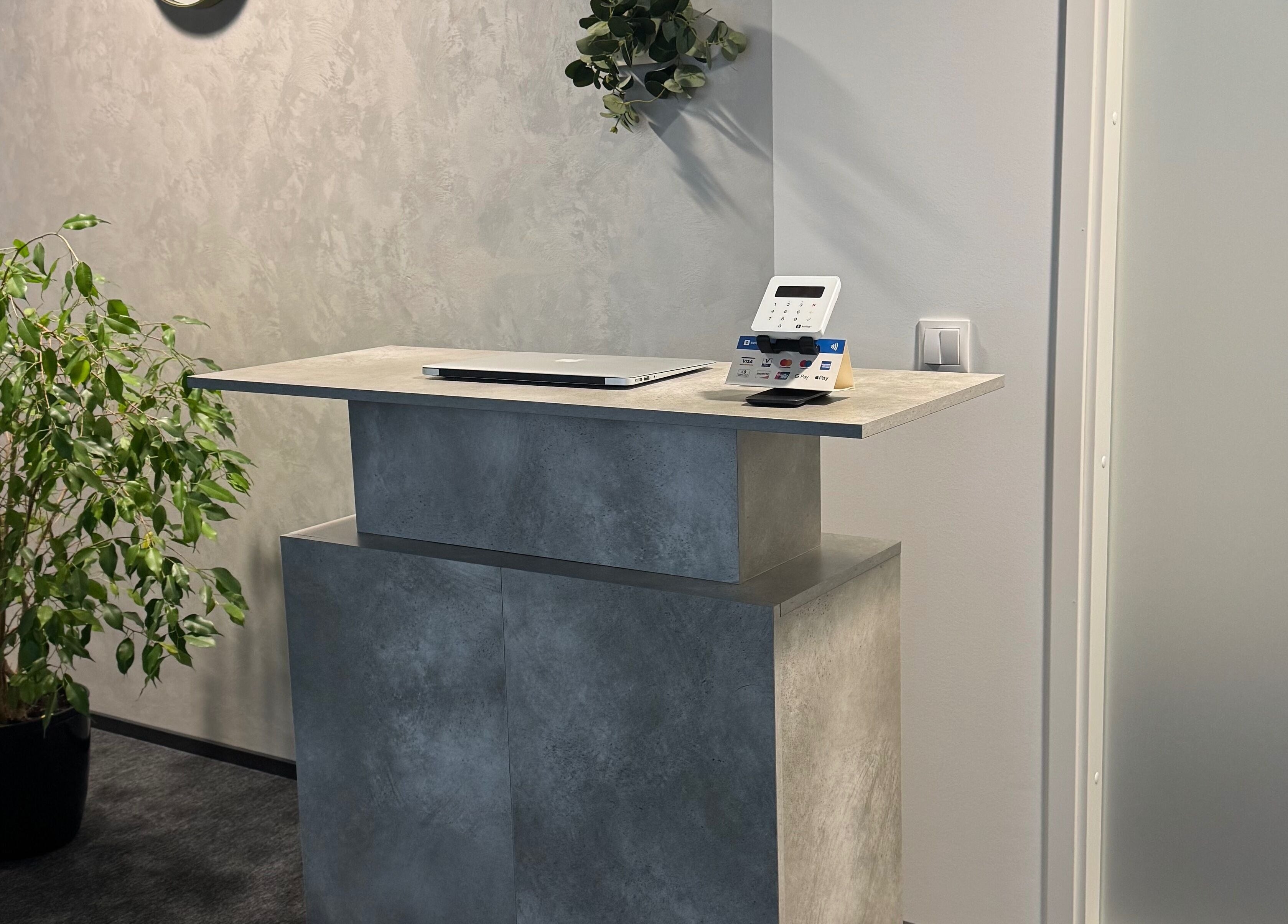 Modern reception at Lashhaus Tallinn with sleek desk and potted plant, located in Tallinn, Harju maakond, EE.