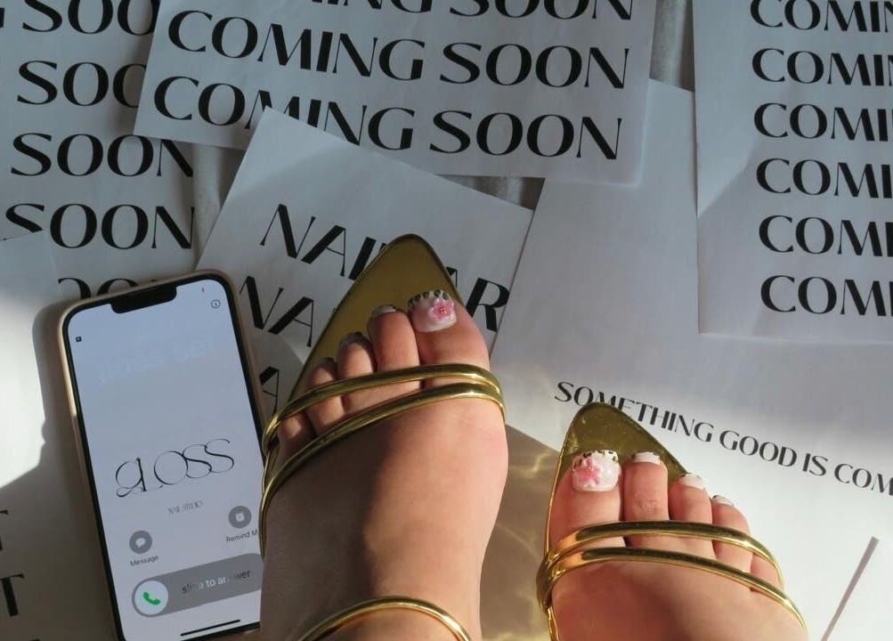 Stylish gold sandals and nail art at Gloss Sets by Cay in Gqeberha, Eastern Cape, ZA.
