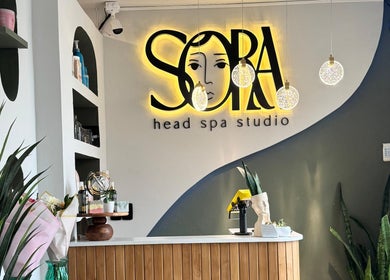 Recepción acogedora de SORA Head Spa Studio® en Playas De Rosarito, Baja California, MX con plantas y decoración elegante.