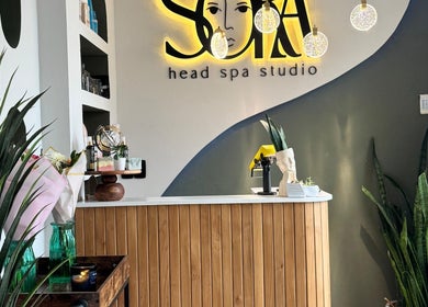 Recepción de Sora Head Spa Studio® en Playas De Rosarito, Baja California, MX con diseño moderno y acogedor.