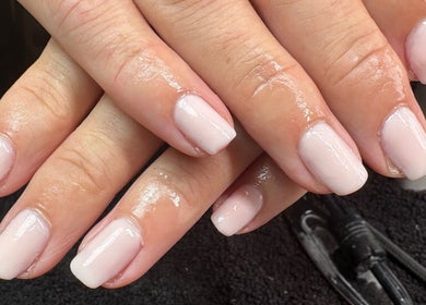 Elegant manicure with natural blush nails at Ellavated Nailz, Cardiff, Wales, GB.