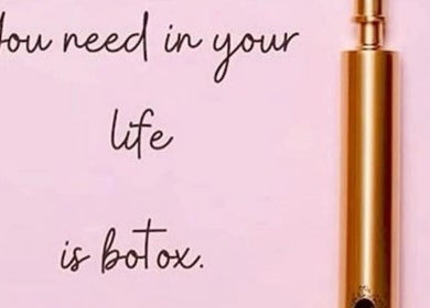 Quote on pink background with Botox vial at Sharp Shots Academy & Spa in San Antonio, Texas, US.