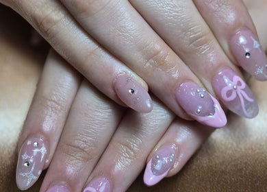 Elegant pink nail art with rhinestones by NailVixenKay The Travel Nail Tech in Chicago, Illinois, US.
