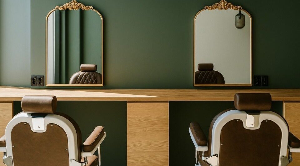 Stilige frisørstoler ved speilene i Naboteket, Oslo, Oslo, NO.