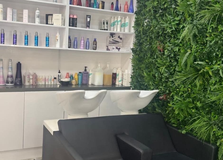 Interior of Twisted Hair with lush green wall and product shelves in Manchester, England, GB.