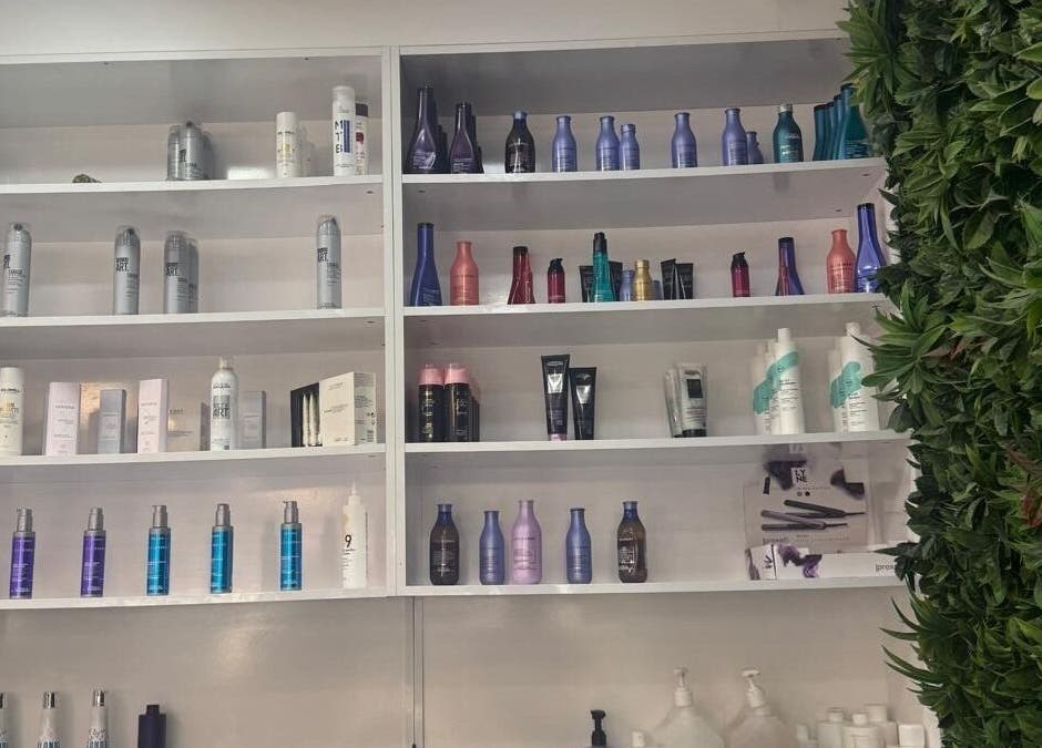 Product shelves at Twisted Hair, Manchester, England, GB, showcasing diverse haircare items.