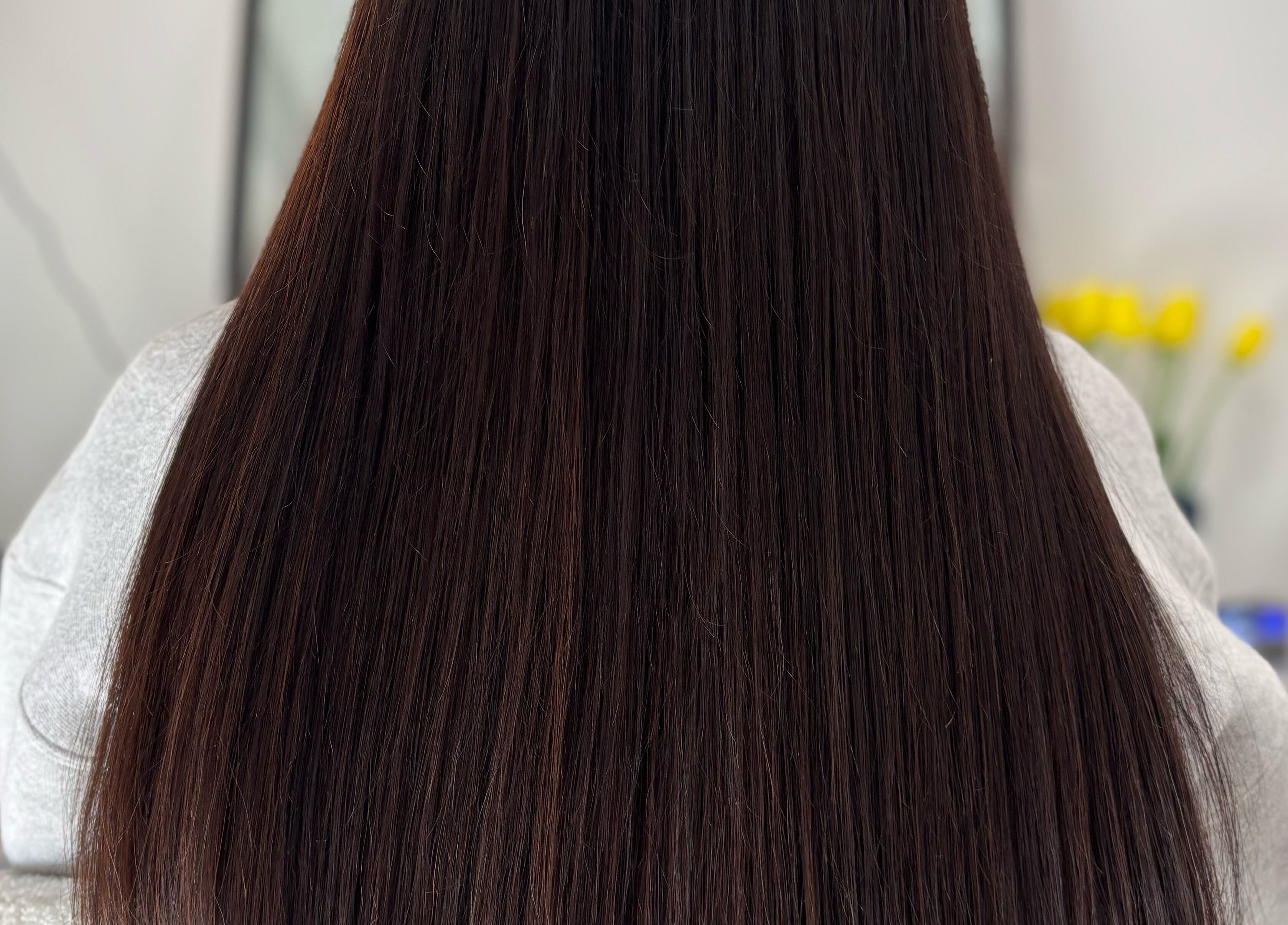 Silky straight hair with Slavic extensions at Hair Beauty Studio, Melbourne, Victoria, AU.