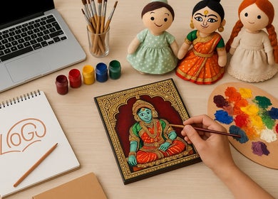 Artistic workspace at Stardaughterworks, Chennai, IN, with dolls, paints, palette, and laptop.
